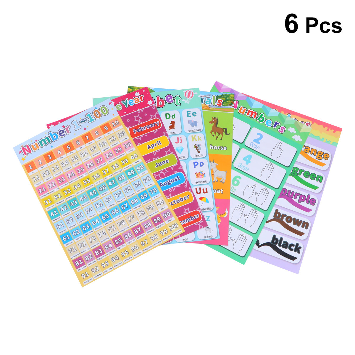 Educational Cartoon For Kids - โปสเตอร์การเรียนรู้สัตว์ 6 ชิ้น โปสเตอร์การศึกษาปฐมวัย โปสเตอร์ตัวอักษร การ์ตูนสำหรับเด็ก