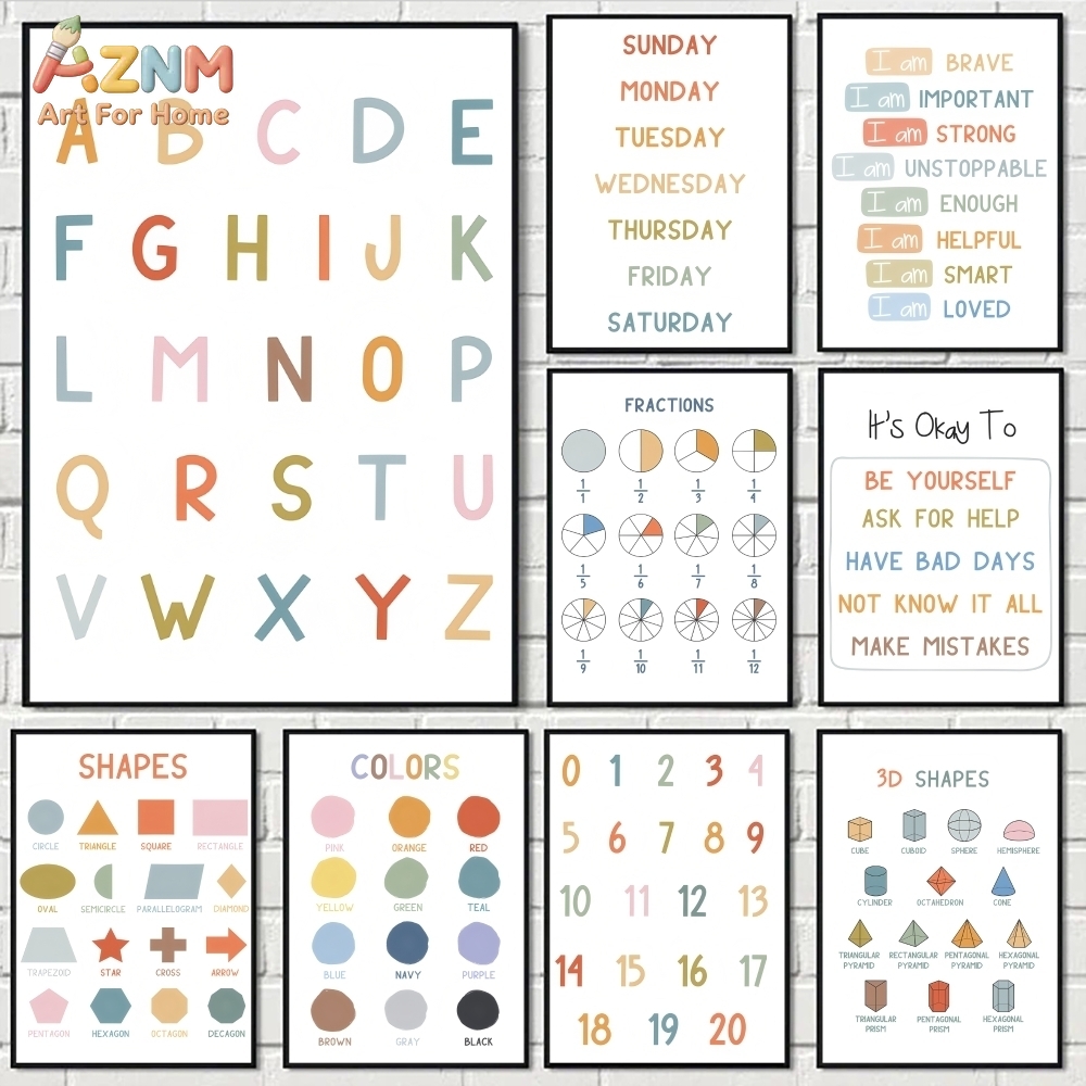 Educational Cartoon For Kids - AZNM ศิลปะบนผืนผ้าใบแบบไม่มีกรอบสำหรับการศึกษาตัวอักษรและตัวเลข, โปสเตอร์การเรียนรู้สำหรับเด็ก, ของตกแต่งห้องเรียนสำหรับเด็กเล็ก, สีทาแบบไม่มีกรอบ