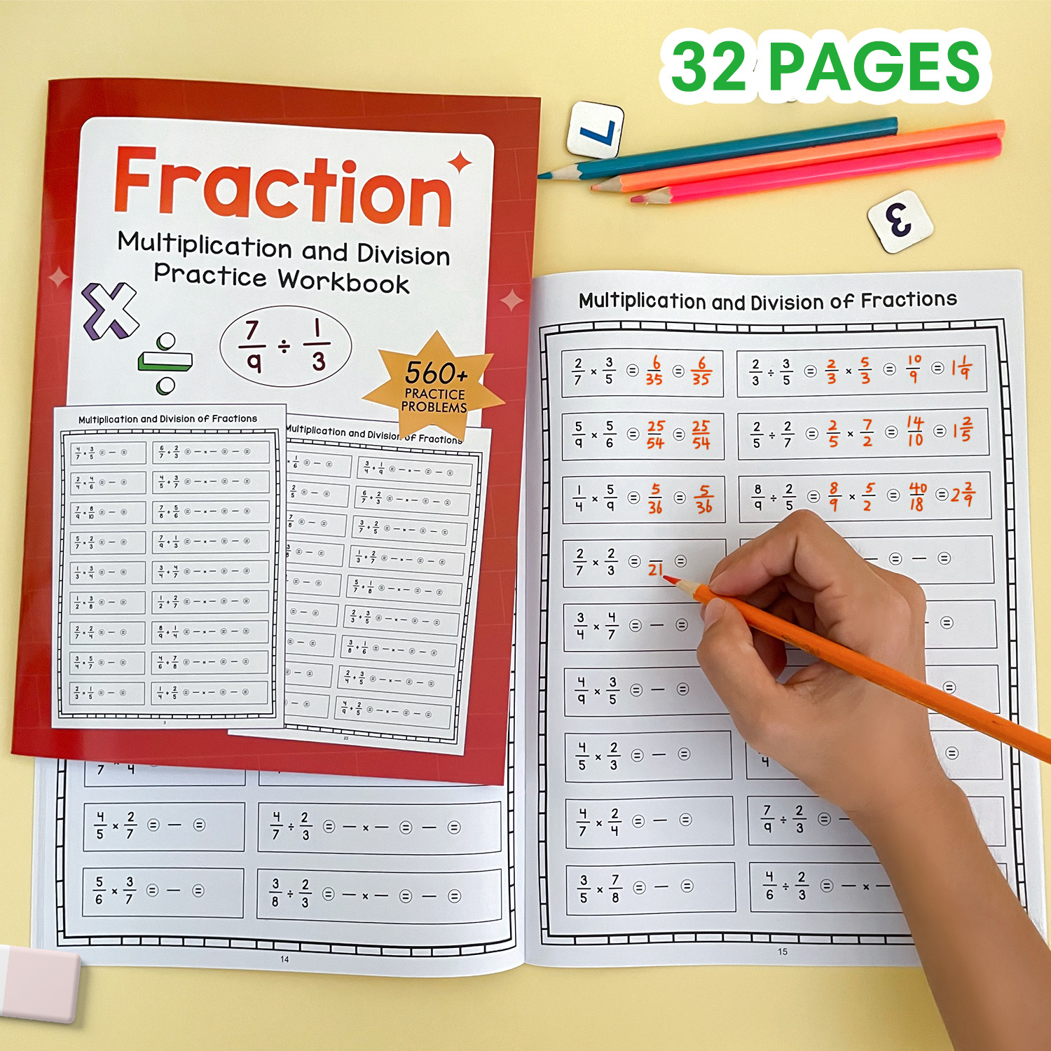 Kids Education Age - สมุดฝึกหัดการคูณเศษส่วน A4 32 หน้า แบบฝึกหัดคณิตศาสตร์สำหรับเด็ก สมุดบันทึกการเรียนรู้ทางการศึกษา