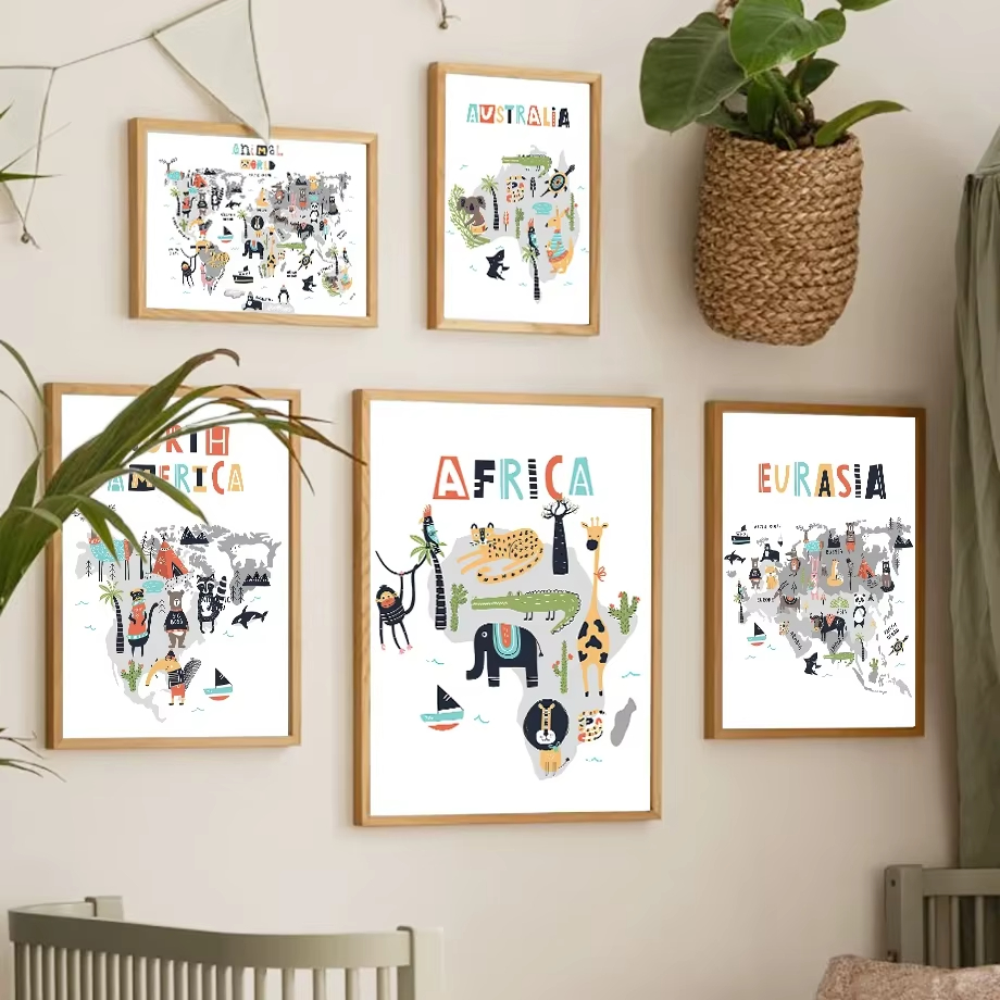 Kids Education World - ภาพพิมพ์บนผ้าใบลายแผนที่โลกสัตว์ สำหรับตกแต่งห้องเด็ก สไตล์นอร์ดิก โปสเตอร์ตกแต่งห้องนอนเด็ก ภาพติดผนังธีมการศึกษา