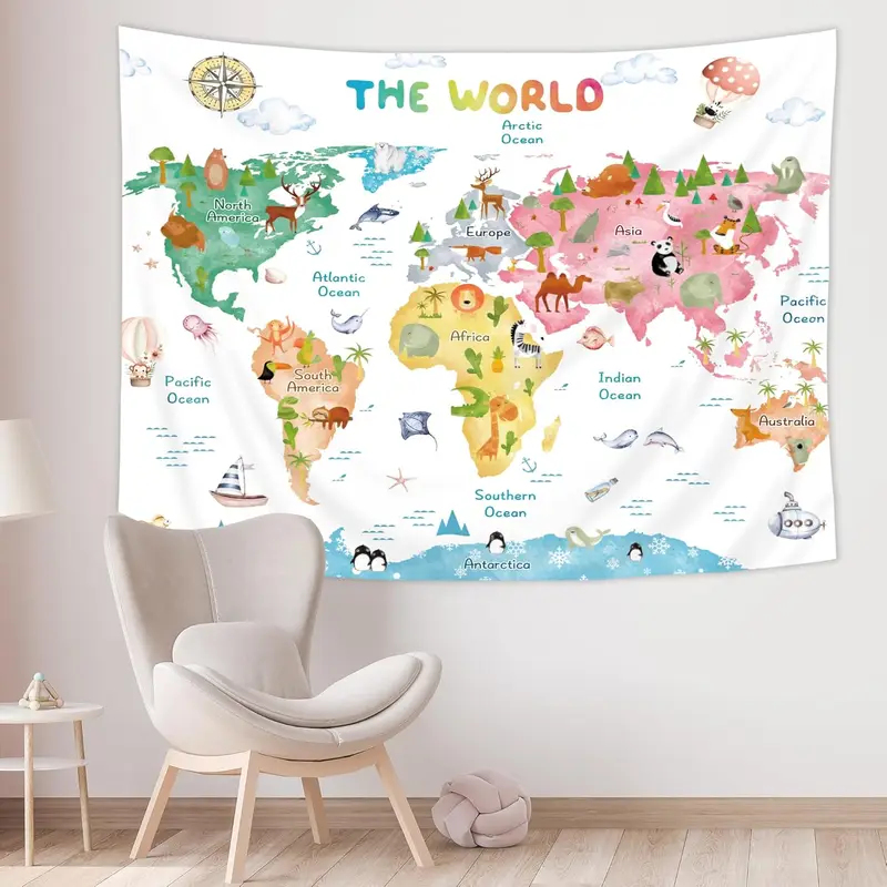 Kids Education World - VIKAMA พรมแขวนผนังลายแผนที่โลกสำหรับเด็กพร้อมรูปสัตว์ พรมแขวนผนังเพื่อการศึกษา ตกแต่งห้องนอนและห้องเด็ก