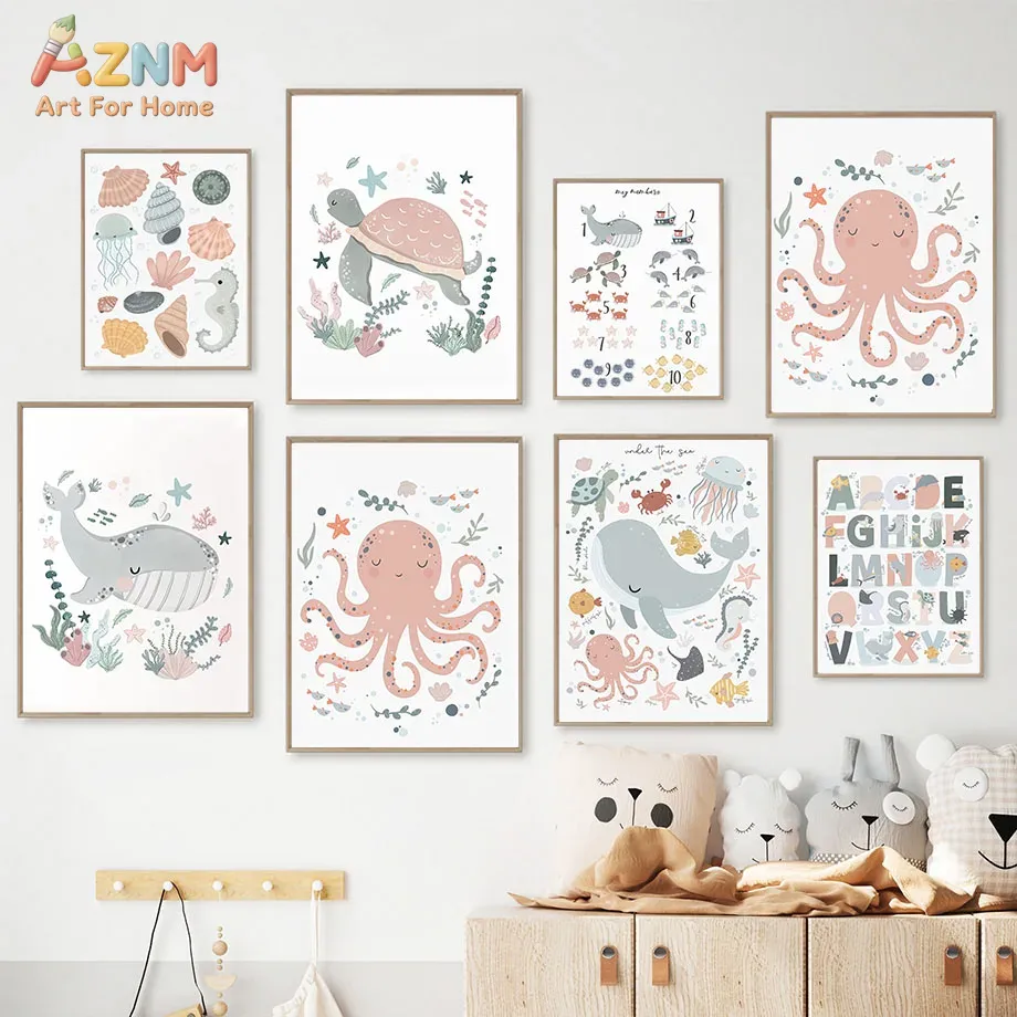 AZNM ภาพพิมพ์สัตว์ทะเลบนผ้าใบส - Kids No Education บทวิจารณ์และราคา